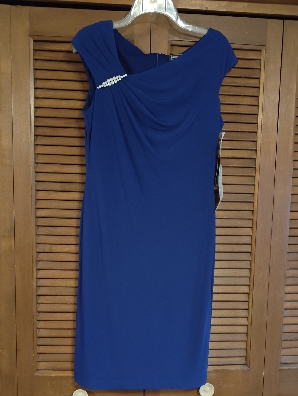 NWT Jessica Howard Cobalt Dress with Draped Neckline and Rhinestone Detail